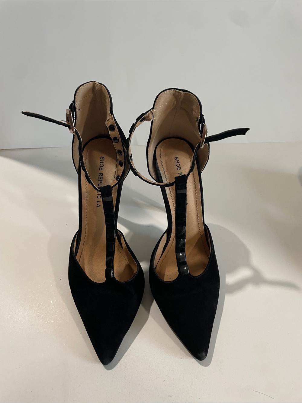 Shoe Republic LA Black Pointed T-Strap Ankle Pumps with Gloss Trim